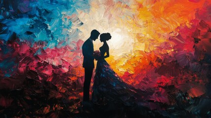 romantic couple silhouettes against vibrant abstract background.