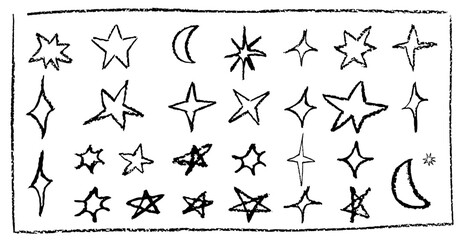 Poster - Set of fun like kid drawing black stars and crescent. Collection of wax pencil texture geometric elements. Rough crayon, chalk vector illustration in children style. Night sky symbols scribble, doodle