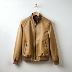 Wall Mural - A stylish. brown bomber jacket hangs on a wooden hanger against a clean white background.