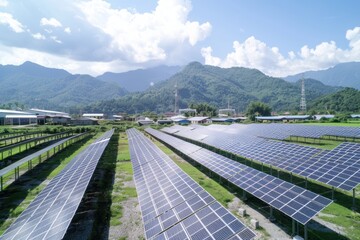 Solar panels in a rural landscape with mountains in the background. Renewable energy concept.