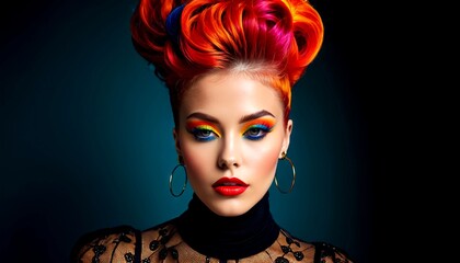 Portrait of a woman with bold makeup and intricate hairstyling, vibrant colors, style trendy and avant-garde, mood confident and daring, high contrast, close-up view. Fashion. 1