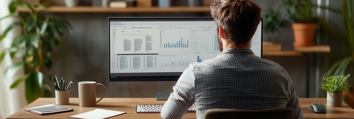 Fototapete - An expert intensely analyzes complex data on a large monitor, surrounded by a tidy workspace with essential tools and a coffee mug. Generative AI