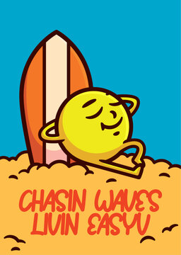 Sun relaxing on the beach and resting on a surfboard poster template vector illustration for a Surfing event, or beach party.