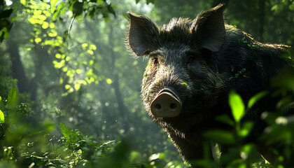 Wall Mural - A wild boar stands in a lush green forest, looking directly at the viewer.