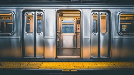 Empty subway train doors, sleek silver exterior dim lighting, urban mystery nostalgia