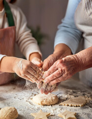 Grandmother making cookies together with granddaughter
