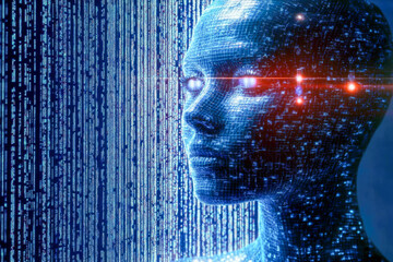 Poster - A futuristic digital human head with illuminated eyes, immersed in a matrix of binary code, showcasing advanced AI.