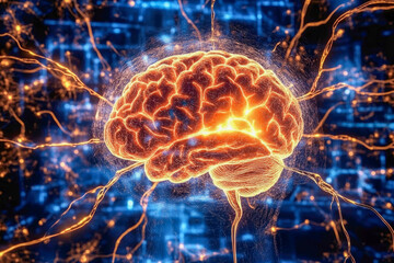 Poster - A brain illuminated with neon lights, showcasing neural activity and symbolizing cognitive functions and mental processes.