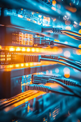 Wall Mural - data center with ethernet cables connected to network switches, illuminated by vibrant lights, showc