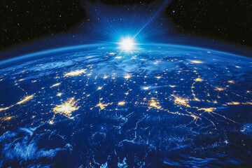 Poster - An image showing Earth with illuminated cities at night, representing urbanization and human development across the globe.