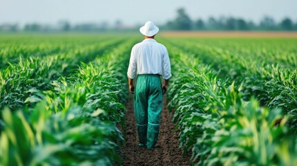 Farmer applying natural insect repellents to crops in an organic farming field demonstrating sustainable pest management practices with a deep depth of field landscape