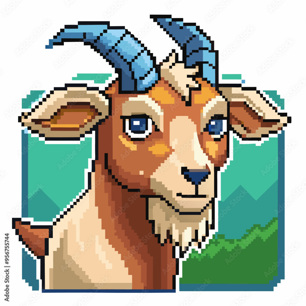 Pixel Style Goat Pixel Art Goat Head with Blue Horns on Mountain Background Vibrant and ...