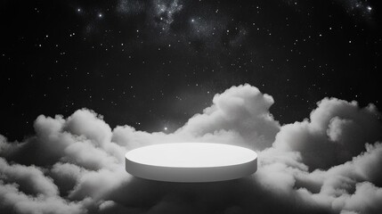 Poster - Modern white podium suspended in a cosmic scene with black and white clouds, ideal for space-themed product showcases.