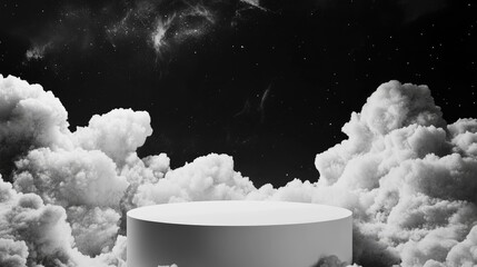 Poster - Modern white podium suspended in a cosmic scene with black and white clouds, ideal for space-themed product showcases.
