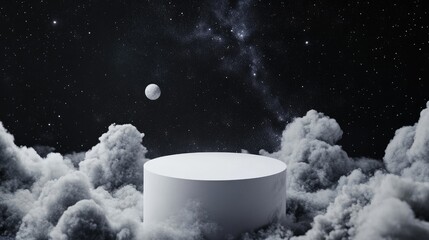 Poster - Modern white podium suspended in a cosmic scene with black and white clouds, ideal for space-themed product showcases.