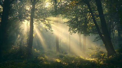 Wall Mural - Mystical Forest Clearing with Dappled Sunlight at Dawn,Capturing the Beauty of Nature