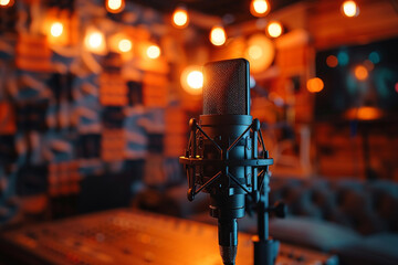 A dimly lit recording studio with acoustic foam and a black microphone, creating a moody atmosphere for podcasting or audio recording, with ample space for text or graphics 