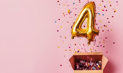 Poster - Happy birthday 4th with golden balloons and gift box on a pink background