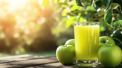 Wall Mural - Refreshing green apple juice in a clear glass with green apples beside it, on a wooden table. The blurred background shows an apple tree in the morning light