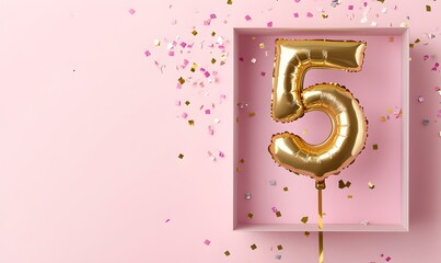 Canvas Print - Happy birthday 5th with golden balloons and gift box on a pink background