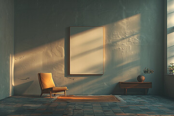 Wall Mural - A dimly lit room with sparse furnishings and a blank wall serves as backdrop for a stock photo mockup 