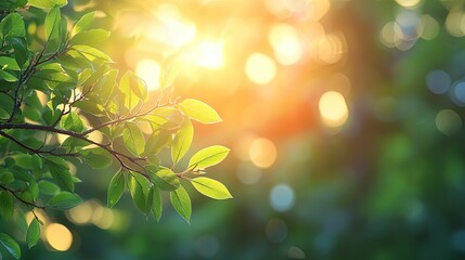 Wall Mural - Green Leaves Illuminated by Warm Sunlight and Bokeh