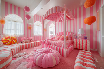 Wall Mural - A vibrant and whimsical girl's room with striped pink and white walls, candy-shaped cushions, and a pink four-poster bed creates a playful and sweet atmosphere reminiscent of a pink candy land 