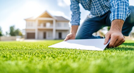 A person measuring grass in a lawn with a template, showcasing home improvement and landscaping skills in a sunny environment.