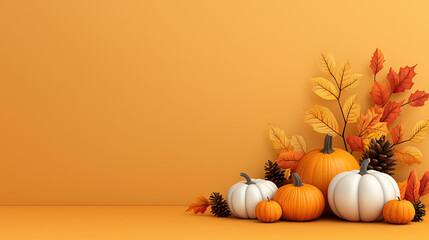 happy thanksgiving background autumn banner with leaves, pumpkin and pinecone with copy space.