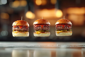 three levitating burgers for restaurant advert 