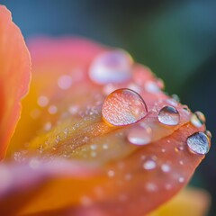 Wall Mural - Close-up of dew drops on a pink flower petal.