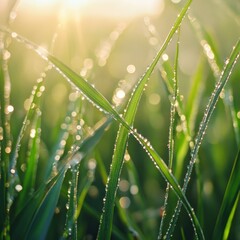 Canvas Print - Close-up of dew drops on blades of grass with sunlight shining through.