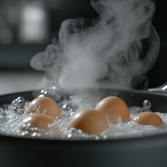 Wall Mural - Close-up of four eggs boiling in a pot of water with steam rising.