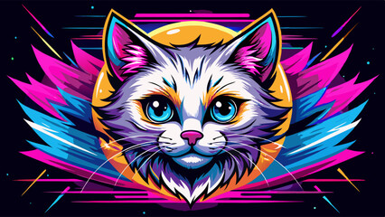 Neon futuristic cat illustration with wings, vibrant colors, fantasy concept