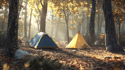 Sticker - Two tents pitched in a misty autumnal forest with golden leaves.