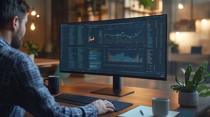 Fototapete - An expert is deeply focused on analyzing data on a large monitor, with a tidy desk setup featuring a keyboard, mouse, and coffee mug. Generative AI