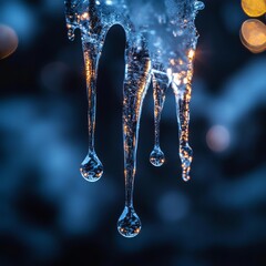 Canvas Print - Close-up of icicles with water droplets hanging from them against a blurred background.