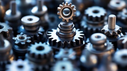 Poster - A collection of metallic gears, showcasing various sizes and shapes, emphasizing mechanical design and engineering.