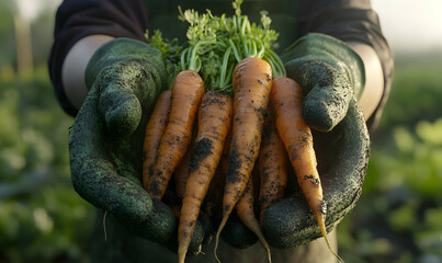 Hands in dirty gardening gloves hold fresh carrots with green tops.