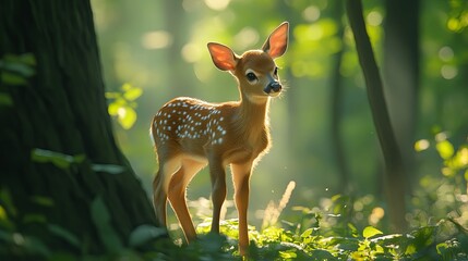 Wall Mural - A Young White-Tailed Deer Stands In A Sun-Dappled Forest