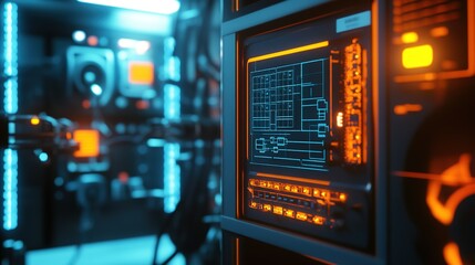 Poster - A close-up view of a neon-lit control panel in a modern data center during nighttime operations showcasing technology and data management