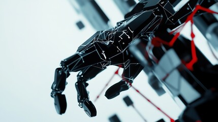 Poster - A futuristic robotic hand reaching out amidst a network of intricate artificial structures in a digital environment