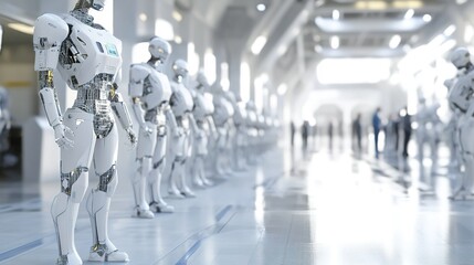 Poster - Advanced humanoid robots displayed in a futuristic tech exhibition hall showcasing innovation and robotics on a bright day