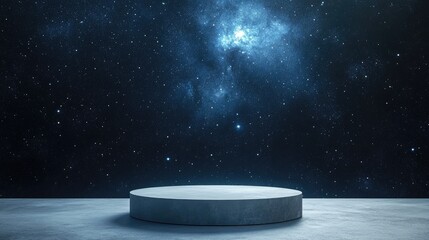 Poster - White display podium floating in the dark expanse of outer space, surrounded by stars and galaxies.