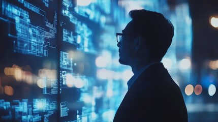 Poster - A silhouette of a person observing digital data projections, highlighting themes of technology and innovation.
