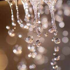 Wall Mural - Close-up of water droplets falling from a faucet, creating a mesmerizing display of motion and light.