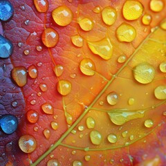 Wall Mural - Close-up of water droplets on a colorful autumn leaf.