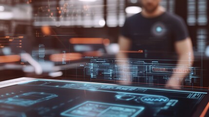 Poster - A person interacts with a futuristic holographic interface in a modern tech workspace at evening