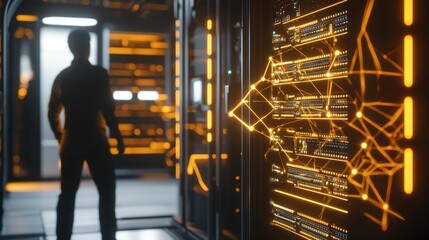 Poster - A technician standing in a modern server room illuminated by vibrant orange lights during late evening hours
