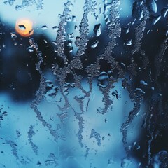 Poster - Close-up of water droplets on a window pane with a blurred city background.